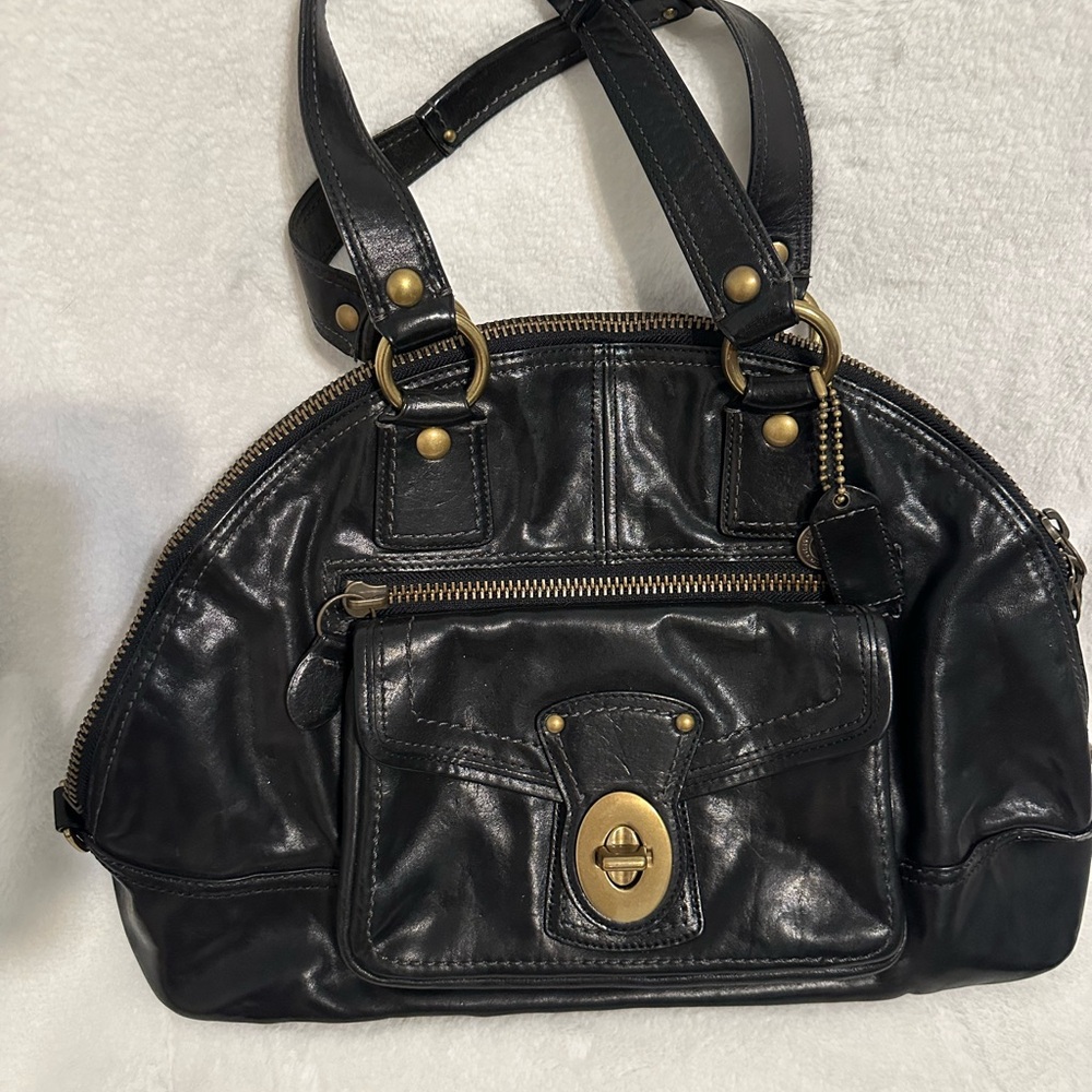 Coach Lucci Black Leather Shoulder Bag with Gold Accents